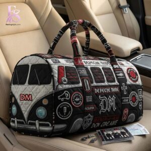Trendy outfit showcased in Depeche Mode Quilted Duffle Bag 1, combining contemporary fashion style with premium materials for a standout appearance.