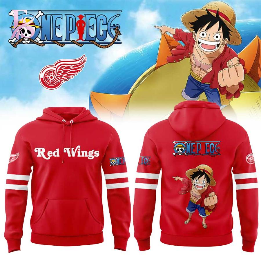 Trendy outfit showcased in Detroit Red Wings ONE PIECE Night 2026 Hoodie 1, combining contemporary fashion style with premium materials for a standout appearance.