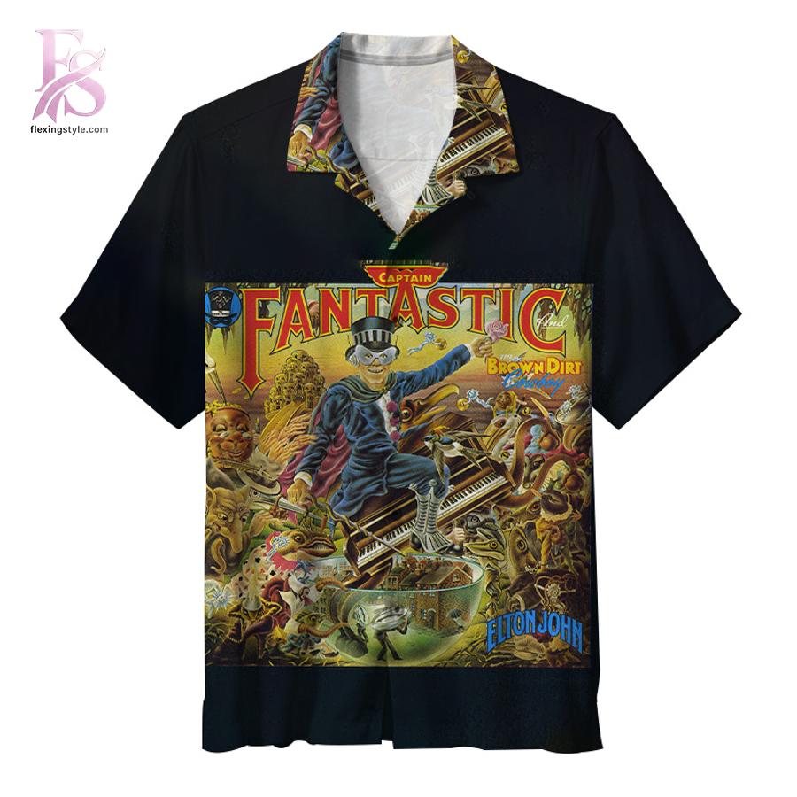 Trendy outfit showcased in Elton John Captain Fantastic and the Brown Dirt Cowboy Hawaiian Shirt 1, combining contemporary fashion style with premium materials for a standout appearance.