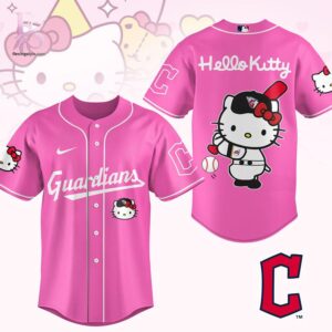 Detailed view of a fashionable apparel design in Hello Kitty Cleveland Guardians Baseball Jersey 1, capturing the texture, colors, and stylish elements of the garment.