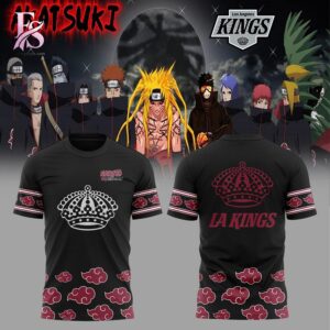 Detailed view of a fashionable apparel design in Los Angeles Kings Naruto Anime 2026 Akatsuki Shirt 1, capturing the texture, colors, and stylish elements of the garment.