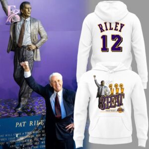 Detailed view of a fashionable apparel design in Los Angeles Lakers 3Peat Team of the 80s Pat Riley Hoodie 1, capturing the texture, colors, and stylish elements of the garment.