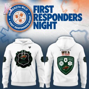 Detailed view of a fashionable apparel design in Minnesota Wild First Responders Night 2026 Hoodie 1, capturing the texture, colors, and stylish elements of the garment.