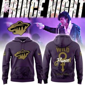 Detailed view of a fashionable apparel design in Minnesota Wild Prince Rogers Nelson Night 2026 Hoodie 1, capturing the texture, colors, and stylish elements of the garment.