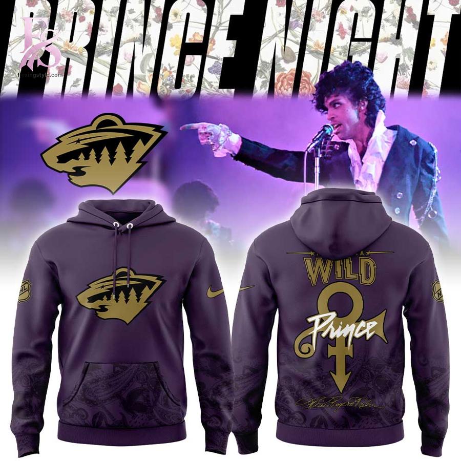 Detailed view of a fashionable apparel design in Minnesota Wild Prince Rogers Nelson Night 2026 Hoodie 1, capturing the texture, colors, and stylish elements of the garment.