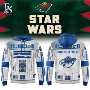 Detailed view of a fashionable apparel design in Minnesota Wild Star Wars Night 2026 Hoodie 1, capturing the texture, colors, and stylish elements of the garment.