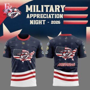Detailed view of a fashionable apparel design in Nashville Predators Military Appreciation 2026 Shirt 1, capturing the texture, colors, and stylish elements of the garment.