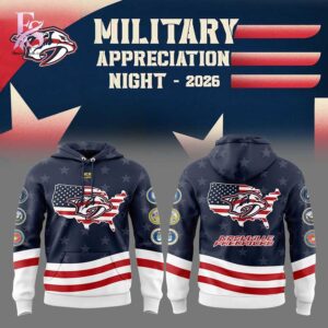 Detailed view of a fashionable apparel design in Nashville Predators Military Appreciation 2026 Shirt 2, capturing the texture, colors, and stylish elements of the garment.