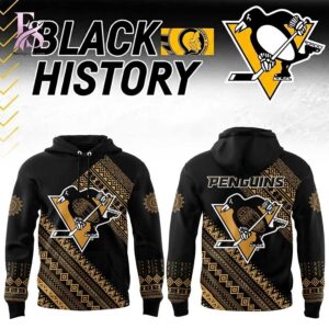 Detailed view of a fashionable apparel design in Pittsburgh Penguins 2026 Black History Month Hoodie 1, capturing the texture, colors, and stylish elements of the garment.