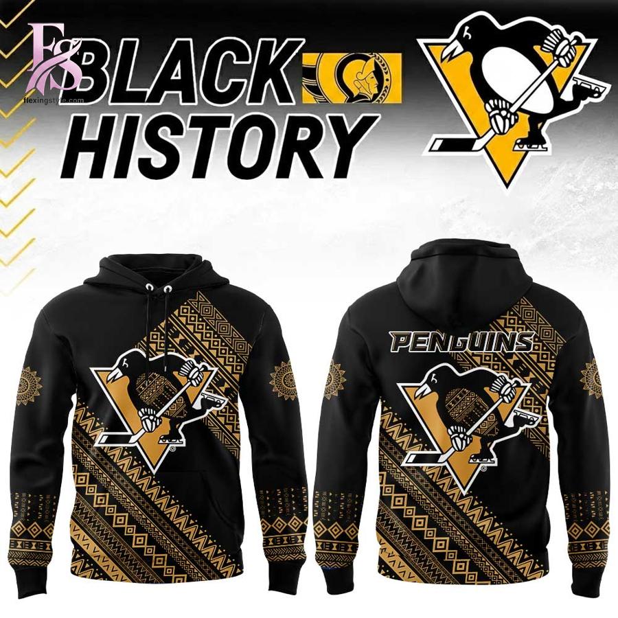 Detailed view of a fashionable apparel design in Pittsburgh Penguins 2026 Black History Month Hoodie 1, capturing the texture, colors, and stylish elements of the garment.