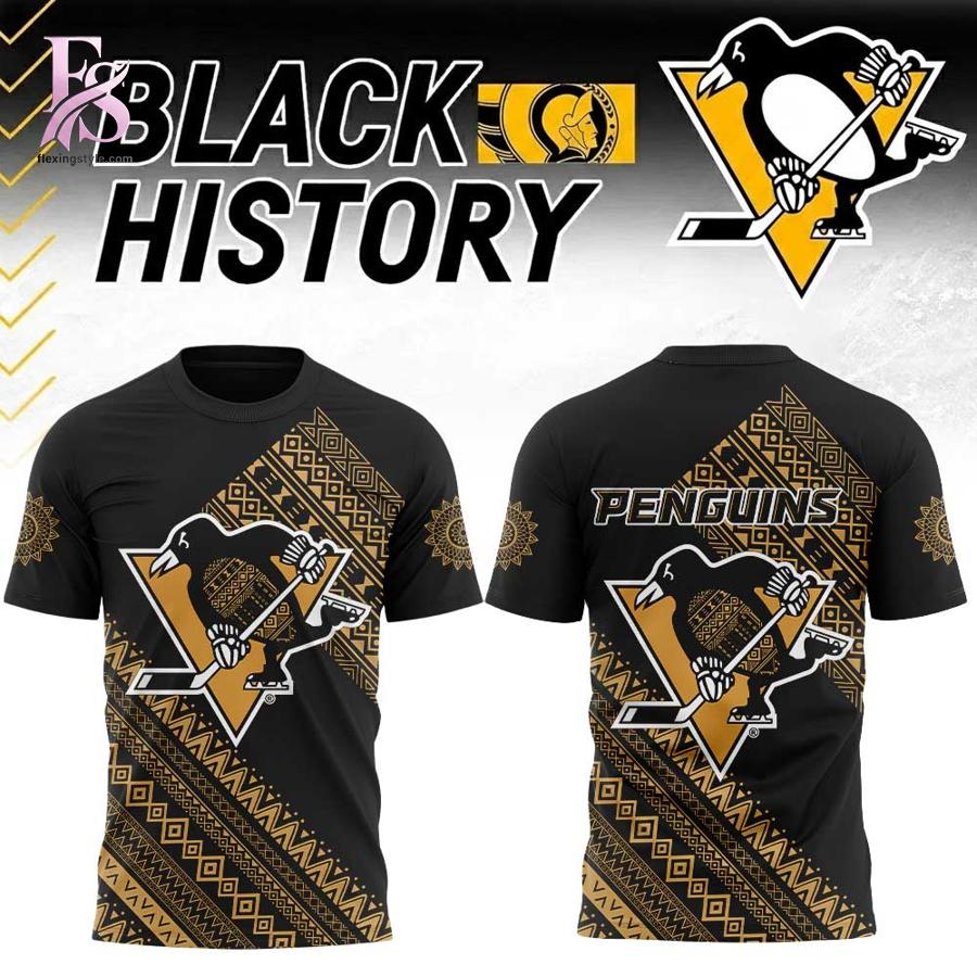 Detailed view of a fashionable apparel design in Pittsburgh Penguins 2026 Black History Month Hoodie 2, capturing the texture, colors, and stylish elements of the garment.