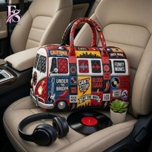 Detailed view of a fashionable apparel design in Red Hot Chili Peppers Quilted Duffle Bag 1, capturing the texture, colors, and stylish elements of the garment.
