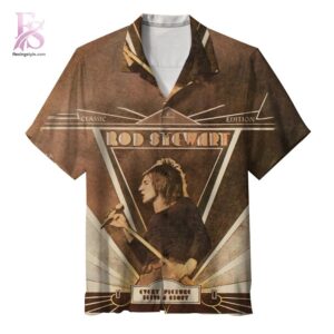 Detailed view of a fashionable apparel design in Rod Stewart Every Picture Tells a Story Hawaiian Shirt 1, capturing the texture, colors, and stylish elements of the garment.