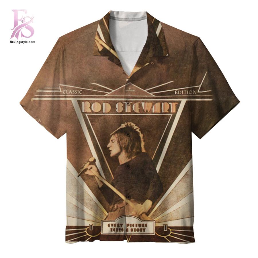 Detailed view of a fashionable apparel design in Rod Stewart Every Picture Tells a Story Hawaiian Shirt 1, capturing the texture, colors, and stylish elements of the garment.