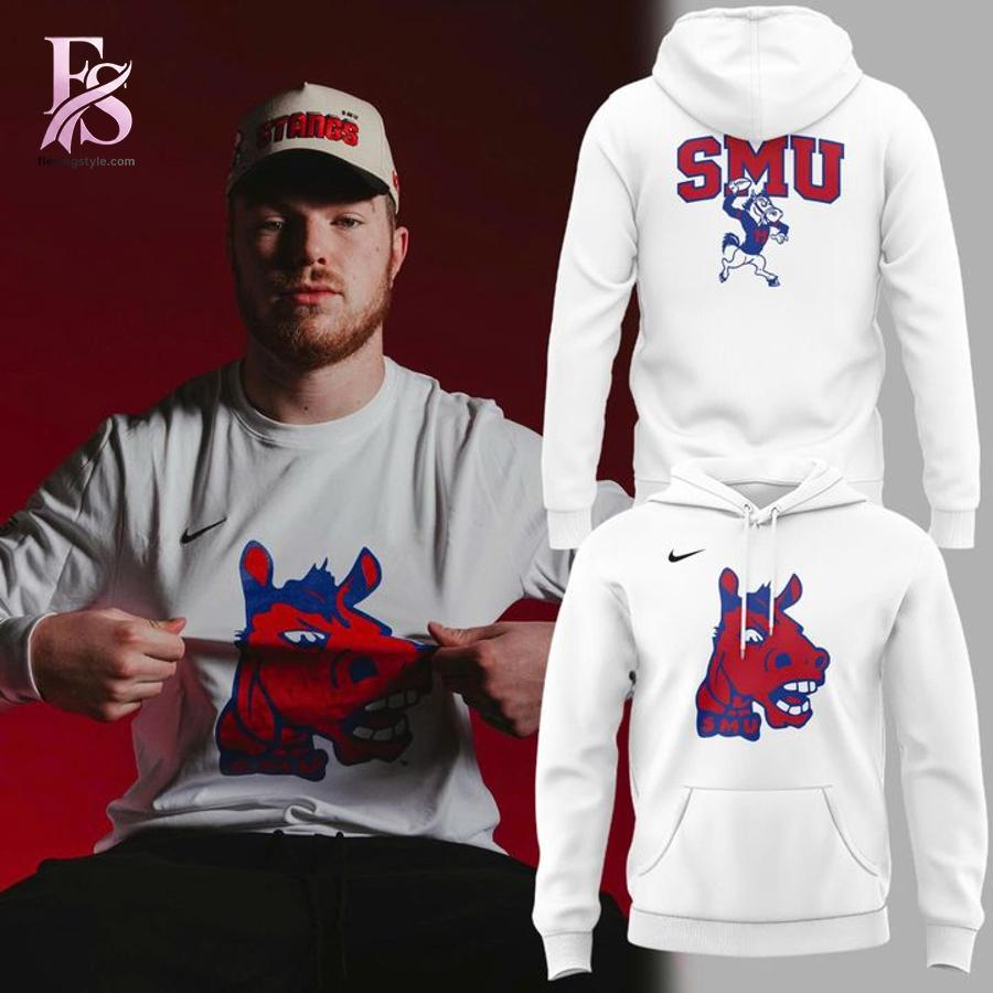 Detailed view of a fashionable apparel design in SMU Mustangs Throwback Mascot Hoodie 1, capturing the texture, colors, and stylish elements of the garment.