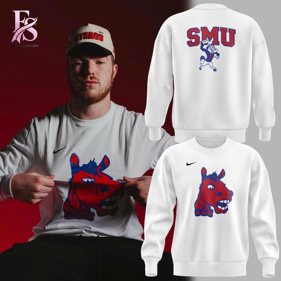 Detailed view of a fashionable apparel design in SMU Mustangs Throwback Mascot Hoodie 2, capturing the texture, colors, and stylish elements of the garment.