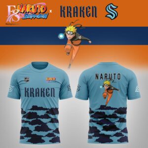Detailed view of a fashionable apparel design in Seattle Kraken NARUTO Night 2026 Shirt 1, capturing the texture, colors, and stylish elements of the garment.