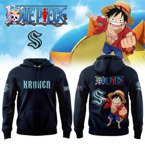 Detailed view of a fashionable apparel design in Seattle Kraken ONE PIECE Night 2026 Hoodie 1, capturing the texture, colors, and stylish elements of the garment.