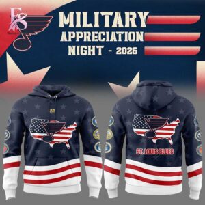 Detailed view of a fashionable apparel design in St Blues Military Appreciation 2026 Hoodie 1, capturing the texture, colors, and stylish elements of the garment.