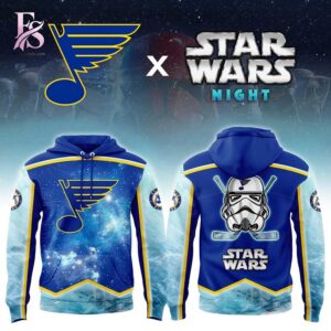 Detailed view of a fashionable apparel design in St Blues Star Wars Night Game 2026 Hoodie 1, capturing the texture, colors, and stylish elements of the garment.