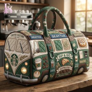 Casual outfit featuring Starbucks Coffee Quilted Duffle Bag 1 with modern and comfortable design.