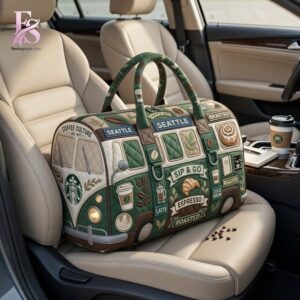 Casual outfit featuring Starbucks Coffee Quilted Duffle Bag 3 with modern and comfortable design.