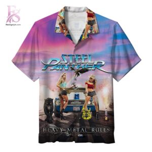 Beach-ready Hawaiian shirt with all-over tropical print and soft premium fabric – Steel Panther Heavy Metal Rules Album Hawaiian Shirt 1