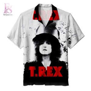 Contemporary unisex fashion design displayed in T Rex Pure glam rock magic Hawaiian Shirt 1 ideal for casual and urban wear
