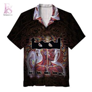 Detailed view of a fashionable apparel design in Tool Lateralus Hawaiian Shirt 1, capturing the texture, colors, and stylish elements of the garment.