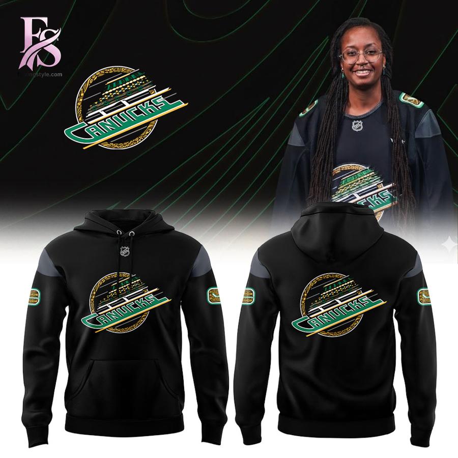 Detailed view of a fashionable apparel design in Vancouver Canucks Black Excellence 2026 Hoodie 1, capturing the texture, colors, and stylish elements of the garment.