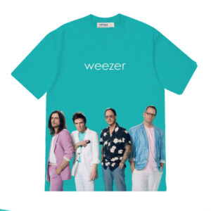 Casual outfit featuring Weezer Band Teal T shirt with modern and comfortable design.