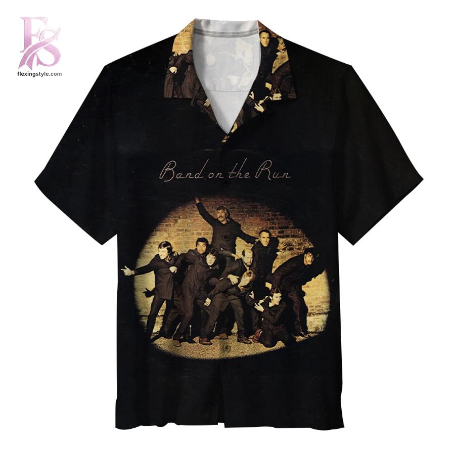 Unisex Hawaiian shirt designed with exotic floral motifs and comfortable relaxed silhouette – Wings Band on the Run Album Hawaiian Shirt 1