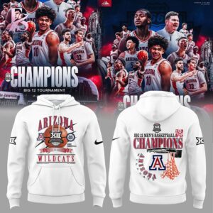 Close-up of Arizona Wildcats 2026 Big 12 Men s Basketball Tournament Championship Hoodie 1 highlighting smooth finish and modern look.