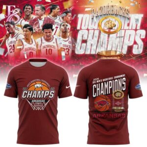 Close-up of Arkansas Razorbacks 2026 SEC Men s Basketball Tournament Champions Shirt 1 highlighting smooth finish and modern look.