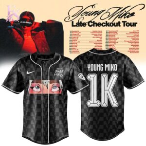 Casual outfit inspiration displayed in Late Checkout Tour 2026 Young Miko Baseball Jersey 1 ideal for relaxed and street style outfits