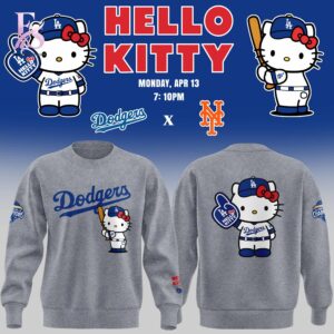 Trendy streetwear outfit featured in Los Angeles Dodgers Hello Kitty Night Gray Hoodie 2 with modern casual styling and clean silhouette