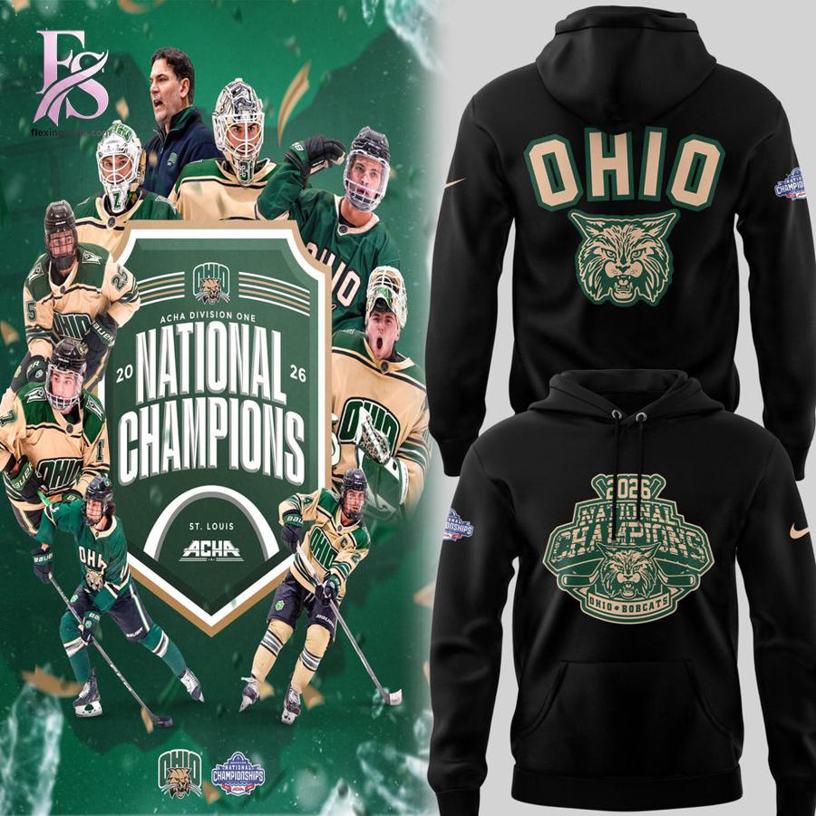 Close-up of Ohio Bobcat ACHA National Champions 2026 Hoodie 1 highlighting smooth finish and modern look.