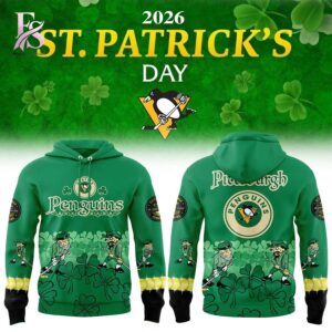 Close-up of Pittsburgh Penguins St Patrick s Day 2026 Hoodie 1 highlighting smooth finish and modern look.