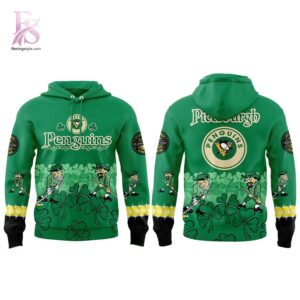 Close-up of Pittsburgh Penguins St Patrick s Day 2026 Hoodie 2 highlighting smooth finish and modern look.