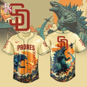 Comfortable and breathable fabric detail shown in San Diego Padres Godzilla Baseball Jersey 1 crafted for all day wear