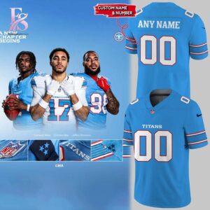 Trendy streetwear outfit featured in Tennessee Titans Shop 2026 Uniform Football Jersey 1 with modern casual styling and clean silhouette