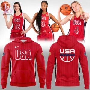 Trendy streetwear outfit featured in USA Team national Unifom basketball Red Hoodie 1 with modern casual styling and clean silhouette