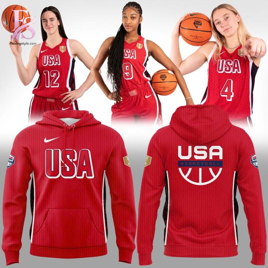 Trendy streetwear outfit featured in USA Team national Unifom basketball Red Hoodie 1 with modern casual styling and clean silhouette