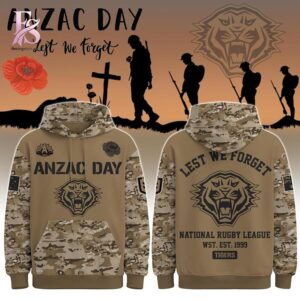 Close-up of Wests Tigers Anzac Day camo Hoodie 1 highlighting smooth finish and modern look.