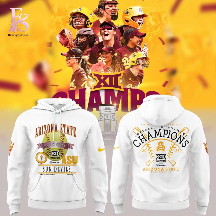 Stylish display of Arizona State Sun Devils 2026 Big 12 Softball Tournament Champions Locker Room Hoodie 1 with clean details and trendy look.