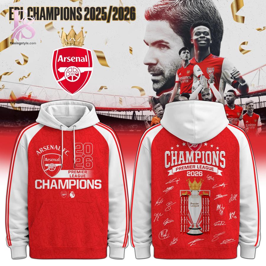 Stylish display of Arsenal F C Champions Premier League 2026 Player Sign Hoodie 1 with clean details and trendy look.