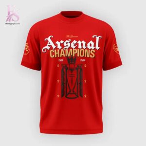 Stylish Arsenal Premier League Champions 25 26 Red T shirt 2 with a modern look and comfortable everyday appeal.