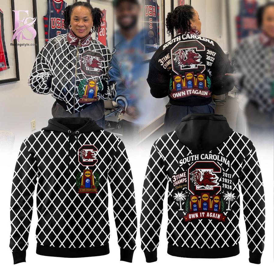 Stylish display of Dawn Staley South Carolina Gamecocks 3 time champs Hoodie 1 with clean details and trendy look.