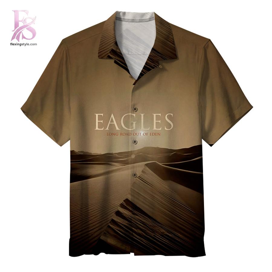 Tropical Hawaiian shirt with vibrant floral patterns and relaxed summer fit Eagles Long Road Out Eden Hawaiin Shirt 1