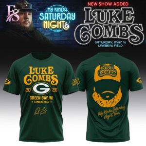 Stylish display of Green Bay Packers Luke Combs My Kinda Saturday Night Tour 2026 Shirt 1 with clean details and trendy look.